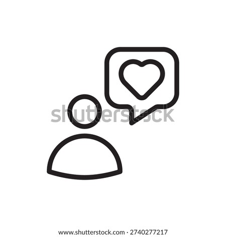 Simple line icon of a user with a heart chat bubble, symbolizing a brand advocate, loyal customer, and positive sentiment.