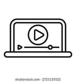 Ícone de linha simples de um player de vídeo reproduzindo conteúdo em um laptop