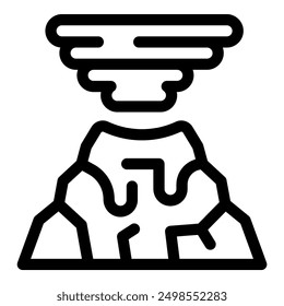 Simple line icon of a volcano erupting, with molten lava flowing down its sides