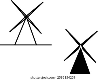 Simple line icon of a wind turbine with a cross, indicating disapproval or prohibition of wind energy systems with transparent background.