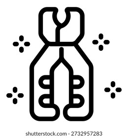 Simple line icon of wire cutters with four pointed stars surrounding it
