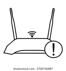 Ícone de linha simples de um roteador wireless com um símbolo de alerta indicando um problema de conexão ou de rede.