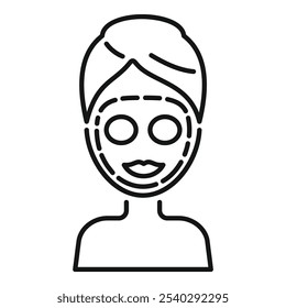 Simple line icon of a woman with a towel on her head wearing a cosmetic face mask