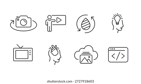 Iconos de línea simples: cámara, presentación, reciclaje, creatividad, tv, dolor de cabeza, almacenamiento en la nube, codificación