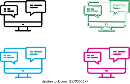 Simple line icons, computer screens, speech bubbles, messaging interface, minimalist design, flat graphic style, black white blue pink color variants, tech communication concept, vector illustration, 