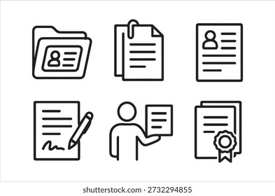 Simple line icons depicting document management, user profiles, and associated administrative elements.