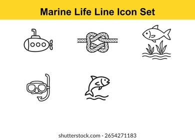 Simple line icons depicting marine life, a submarine, and nautical knots. This image features marine life, nautical, icons, line icons, submarine.