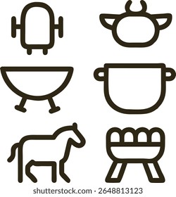 Simples Linha Ícones de Animais de Fazenda e Objetos: Vaca, Cavalo, Gerente, Pote e Tub