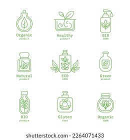 Simple line icons and illustration, eco, bio and organic packaging badges, ecological, environment friendly and sustainable development, fresh natural ingredients cosmetics and products Vector