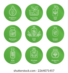 Simple line icons and illustration, eco, bio and organic packaging badges, ecological, environment friendly and sustainable development, fresh natural ingredients cosmetics and products Vector