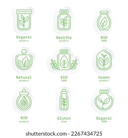 Simple line icons and illustration, eco, bio and organic packaging badges, ecological, environment friendly and sustainable development, fresh natural ingredients cosmetics and products Vector