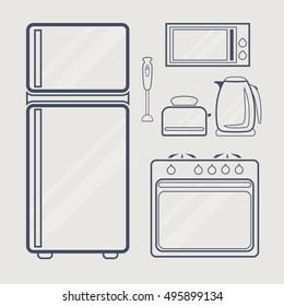 Simple line icons of kitchen devices and electronics.