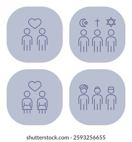 Simple line icons of love between couples and symbols representing various faiths. Unity and diversity in relationships and beliefs concept