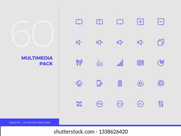 Simple line icons pack of audio and multimedia control elements. Vector pictogram set for mobile phone user interface design, UX infographic, web app, business presentation. Sign and symbol collection