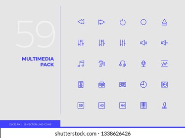 Simple line icons pack of audio and multimedia control elements. Vector pictogram set for mobile phone user interface design, UX infographic, web app, business presentation. Sign and symbol collection