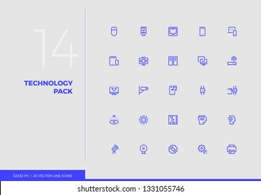 Simple line icons pack of computer technology, network device. Vector pictogram set for mobile phone user interface design, UX infographics, web apps, business presentation. Sign and symbol collection