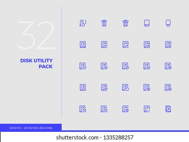 Simple line icons pack of computer disk utility system files. Vector pictogram set for mobile phone user interface design, UX infographics, web apps, business presentation. Sign and symbol collection.