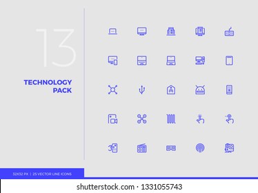 Simple line icons pack of consumer technology devices. Vector pictogram set for mobile phone user interface design, UX infographics, web apps, business presentation. Sign and symbol collection.