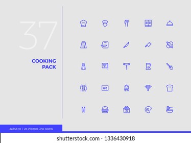 Simple line icons pack of cooking food, restaurant service. Vector pictogram set for mobile phone user interface design, UX infographics, web apps, business presentation. Sign and symbol collection.