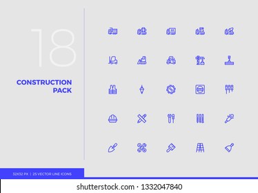 Simple line icons pack of heavy construction industry transport. Vector pictogram set for mobile phone user interface design, UX infographic, web app, business presentation. Sign and symbol collection