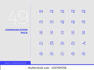 Simple line icons pack of internet communication, sending files. Vector pictogram set for mobile phone user interface design, UX infographic, web app, business presentation. Sign and symbol collection