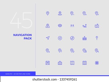 Simple line icons pack of map navigation pin, cartography marks. Vector pictogram set for mobile phone user interface design, UX infographic, web app, business presentation. Sign and symbol collection