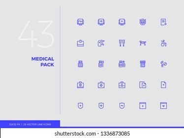 Simple line icons pack of medical insurance, patient rehab. Vector pictogram set for mobile phone user interface design, UX infographics, web apps, business presentation. Sign and symbol collection.