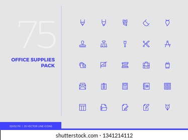 Simple line icons pack of office supplies, business stationery. Vector pictogram set for mobile phone user interface design, UX infographic, web apps, business presentation. Sign and symbol collection