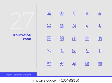 Simple line icons pack of school education, math elements. Vector pictogram set for mobile phone user interface design, UX infographics, web apps, business presentation. Sign and symbol collection.