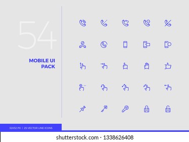 Simple line icons pack of smartphone user interface control. Vector pictogram set for mobile phone user interface design, UX infographics, web apps, business presentation. Sign and symbol collection.