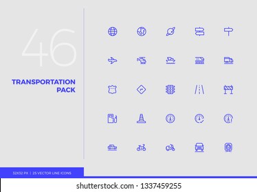 Simple line icons pack of transportation vehicles, road traffic. Vector pictogram set for mobile phone user interface design, UX infographic, web app, business presentation. Sign and symbol collection