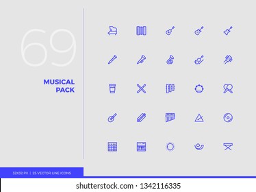 Iconos de línea simple empaque de varios instrumentos musicales clásicos. Pictograma vectorial para el diseño de la interfaz de usuario de teléfono móvil, infografía UX, aplicación web, presentación de negocios. Colección de símbolos y símbolos