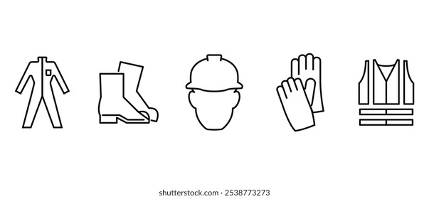 Simples linha ícones para o equipamento de proteção individual e segurança do trabalho na forma de vestuário de proteção, sapatos de segurança, chapéu duro, luvas e colete de trabalho em fundo transparente.