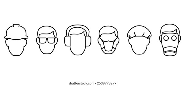 Simple line icons for personal protective equipment and work safety in the form of protective helmets, glasses, hearing protectors, masks, head coverings and respirators, work safety signs.