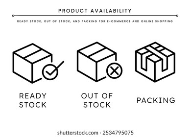 Simples ícones de linha de disponibilidade e status do produto: Estoque pronto, Fora de estoque e embalagem para e-commerce e design de interface de compras on-line.