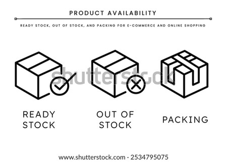 Simple Line Icons of Product Availability and Status: Ready Stock, Out of Stock, and Packing for E-commerce and Online Shopping Interface Design.