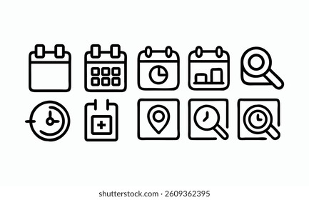 Simple line icons representing calendar, time management, and data analysis tools.