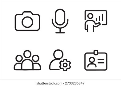 Iconos de línea simples que representan herramientas comunes para medios, presentaciones y trabajo en equipo.