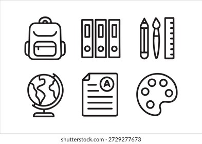 Ícones de linha simples que representam material escolar e artístico comum para conceitos educacionais.