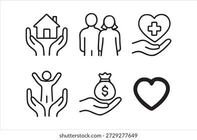 Einfache Linien-Symbole, die Konzepte von Zuhause, Familie, finanzieller Sicherheit und dem allgemeinen Wohlbefinden darstellen.