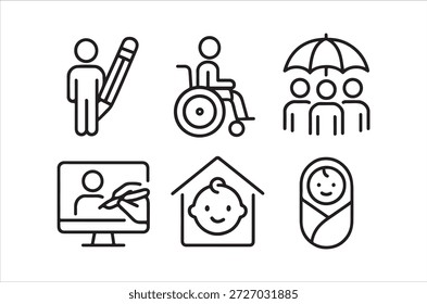 Einfache Liniensymbole, die verschiedene Gemeinschaftsaspekte wie Bildung, Familie und Zugänglichkeit darstellen.