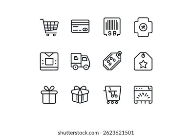 Simple Line Icons Representing E-commerce and Shipping Processes