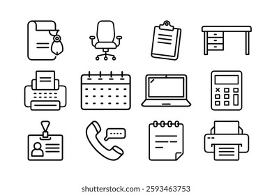 Simple Line Icons Representing Essential Office Supplies