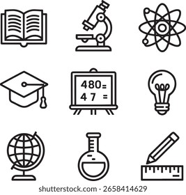 Ícones de linha simples que representam as ferramentas essenciais de educação e ciência