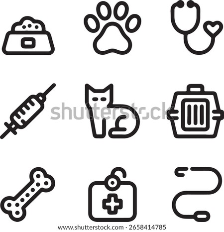 Simple Line Icons Representing Essential Pet Care and Veterinary Services.