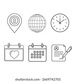 Einfache Liniensymbole, die die globale Verwaltung von Daten, Zeit, Kalender und persönlichen Daten darstellen.