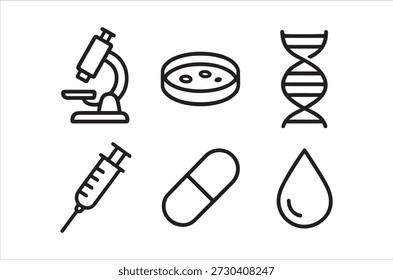 Ícones de linha simples representando elementos-chave de campos de pesquisa científica e médica.