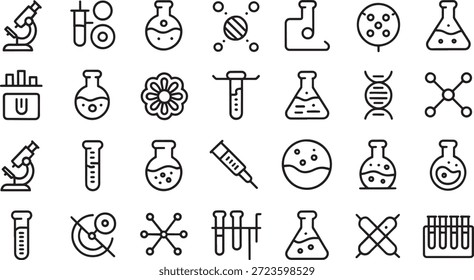 Ícones de linha simples representando equipamento de laboratório e conceitos científicos, incluindo microscópios tubos de ensaio copos e estruturas moleculares.