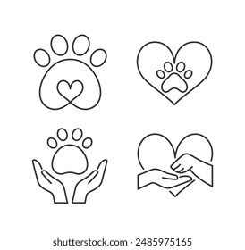 Los Iconos De Línea Simple Que Representan El Amor Por Los Animales, Incluyen Una Impresión De Pata Y Corazón, Pata En Manos Y Manos Que Forman Un Corazón