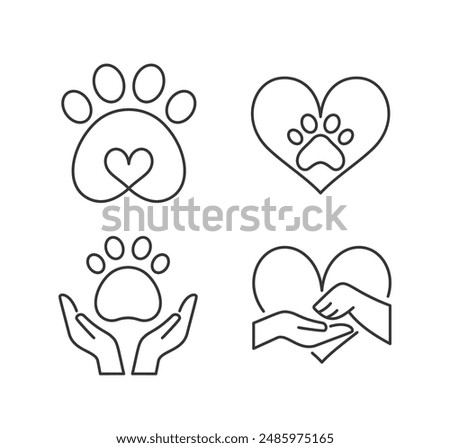 Simple Line Icons Representing Love For Animals, Include A Paw Print And Heart, Paws In Hands, And Hands Forming A Heart